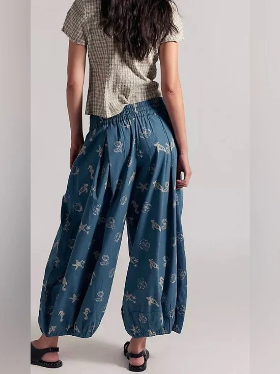 Relaxed Seaside Print Harem Pants - Blue - Picture 4 of 8